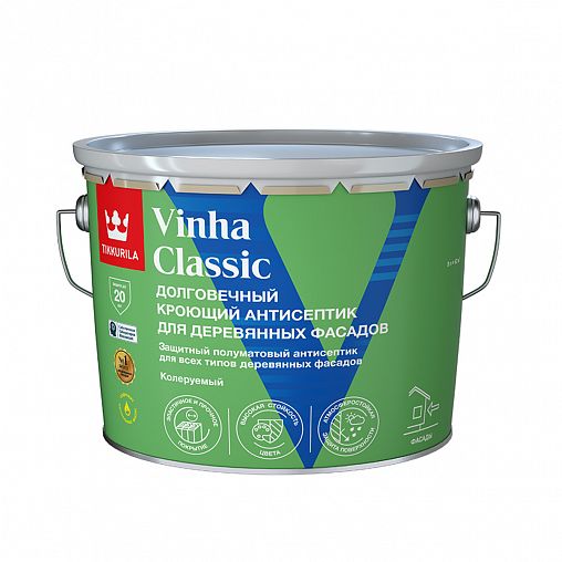 Антисептик для деревянных фасадов Tikkurila Vinha Classic, полуматовый, база С, бесцветный, 9 л фото