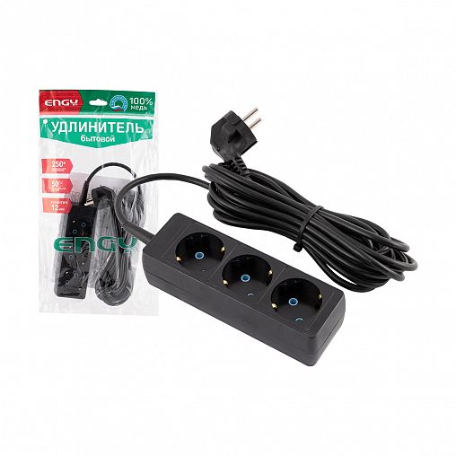 Удлинитель Engy Гранд, ПВС 3 x 0,75 мм, с заземлением, 3 розетки, 5 м, черный фото