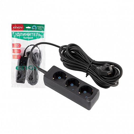 Удлинитель Engy Гранд, ПВС 3 x 0,75 мм, с заземлением, 3 розетки, 7 м, черный фото