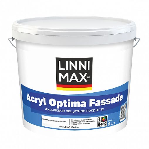 Краска фасадная Linnimax Acryl Optima Fassade, матовая, база 1, белая, 9 л фото
