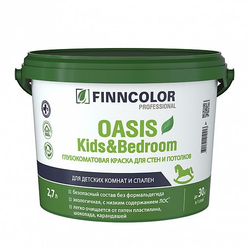 Краска для стен и потолков Oasis Kids&Bedroom FINNCOLOR, глубокоматовая, база С, бесцветная, 2,7 л фото