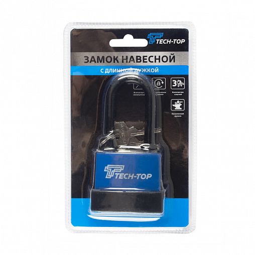 Замок навесной всепогодный Tech-Top T-02-01, с длинной дужкой, 113 x 56 x 28 мм, 3 ключа фото