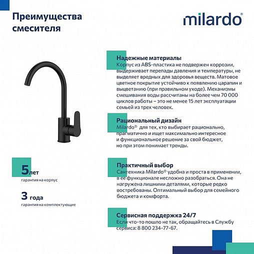 Смеситель для кухни Milardo Poli, черный матовый фото