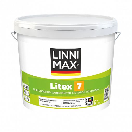 Краска интерьерная Linnimax Litex 7, шелковисто-матовая, база 1, белая, 9 л фото