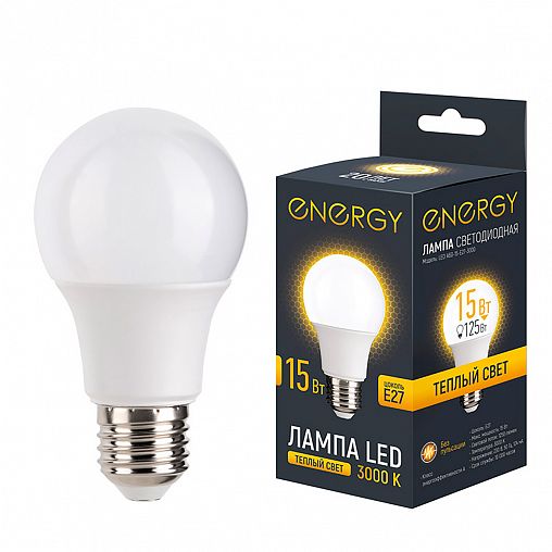 Лампа светодиодная матовая Energy, E27, груша, 15 Вт, 3000 K, теплый свет фото