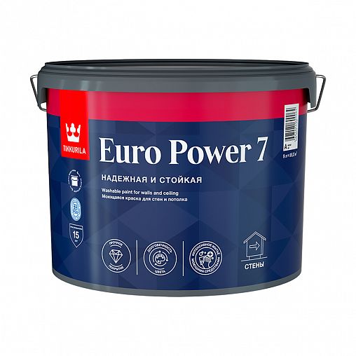 Краска моющаяся для стен и потолков Tikkurila Euro Power 7 (Евро 7), 9 л, бесцветный, база С фото