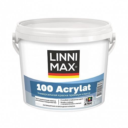Краска фасадная Linnimax 100 Acrylat, полуматовая, база 3, бесцветная, 2,35 л фото