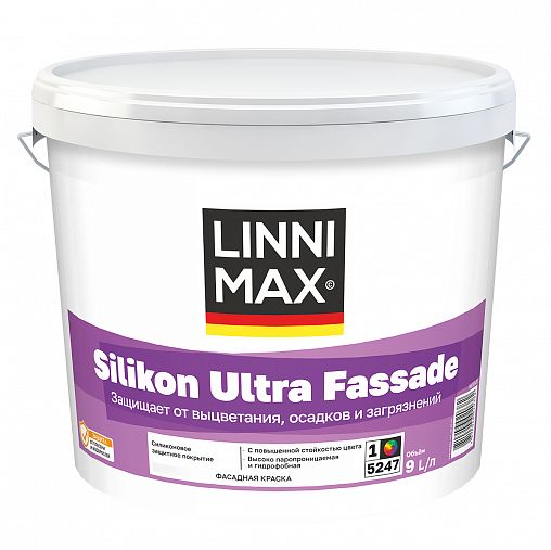 Краска фасадная силиконовая Linnimax Silikon Ultra Fassade, база 1, белая, 9 л фото