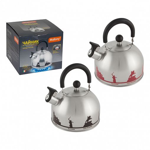 Чайник со свистком Mallony Города России, нержавеющая сталь, с рисунком меняющим цвет, 2,5 л фото