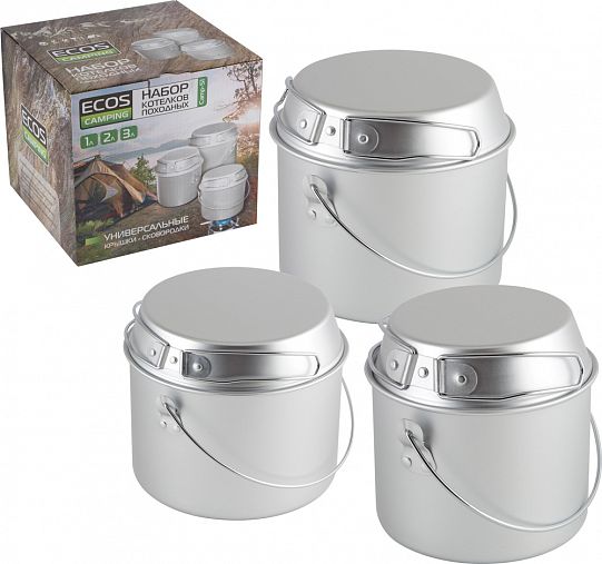 Котелки походные Ecos Camp-S1 алюминиевые набор 3 штуки 1-2-3 л фото