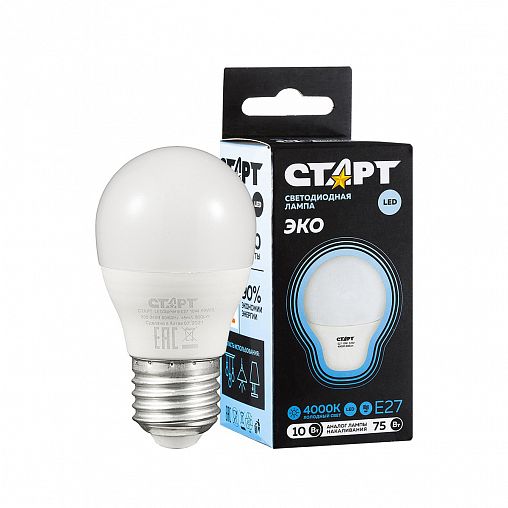 Лампа светодиодная LED Старт ECO Шар, E27, 10 Вт, 4000 K, холодный свет фото