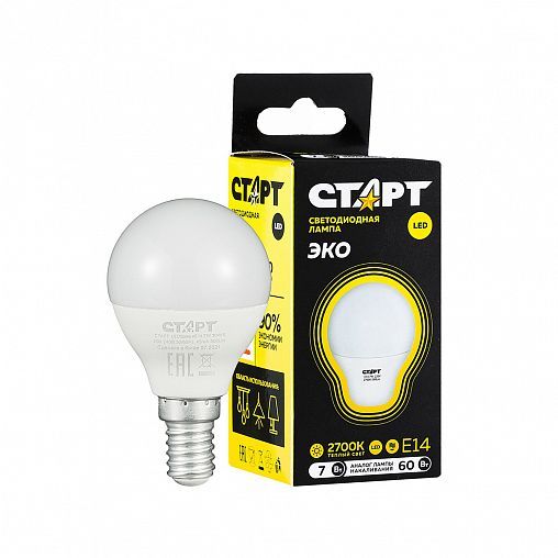 Лампа светодиодная LED Старт ECO Шар, E14, 7 Вт, 2700 K, теплый свет фото