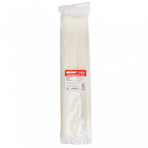 Хомут-стяжка Rexant, нейлон, 4,8 x 450 мм, 100 шт, белый фото