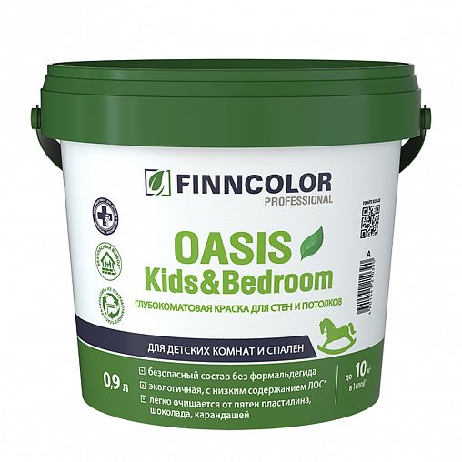 Краска для стен и потолков Oasis Kids&Bedroom FINNCOLOR, глубокоматовая, база А, белая, 0,9 л фото