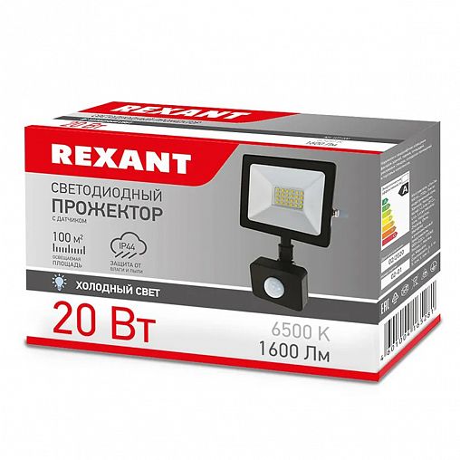 Прожектор светодиодный Rexant, с датчиком движения, 20 Вт, 6500 К, IP44, черный фото