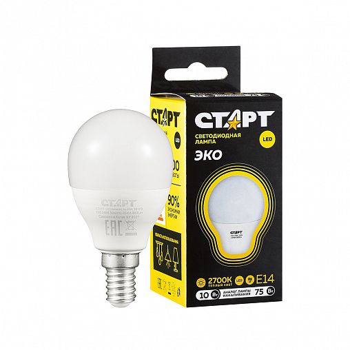 Лампа светодиодная LED Старт ECO Шар, E14, 10 Вт, 2700 K, теплый свет фото