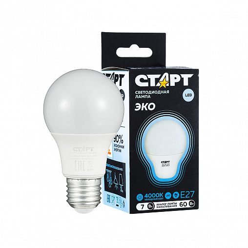 Лампа светодиодная LED Старт ECO Груша, E27, 7 Вт, 4000 K, холодный свет фото