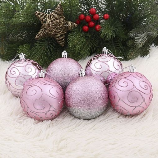 Набор елочных шаров Зимнее волшебство Лагуна, d 8 см, 6 шт, розовый фото
