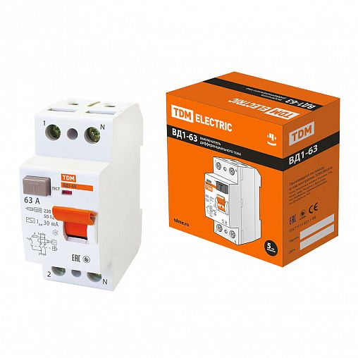 Устройство защитного отключения Tdm Electric УЗО ВД1-63, 2Р, 63 А, 30 мА фото