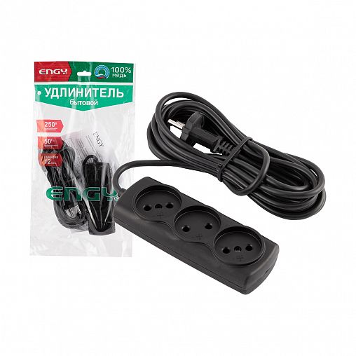 Удлинитель Engy Премиум, ПВС 2 x 0,75 мм, 3 розетки, 5 м, черный фото