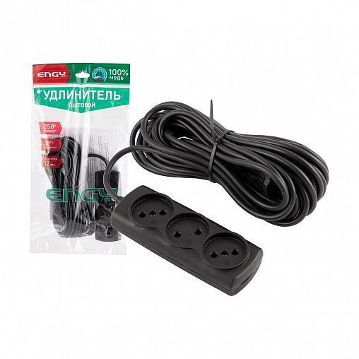 Удлинитель Engy Премиум, ПВС 2 x 0,75 мм, 3 розетки, 10 м, черный фото