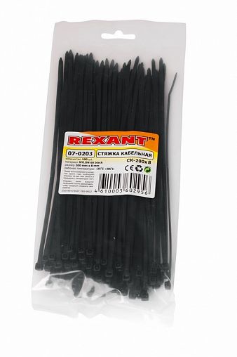 Хомут-стяжка Rexant, нейлон, 7,6 x 200 мм, 100 шт, черный фото