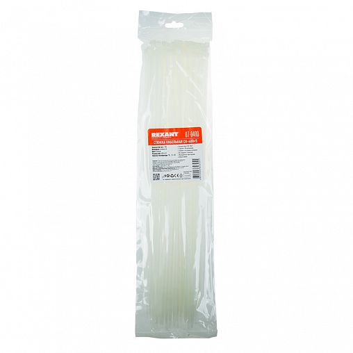 Хомут-стяжка Rexant, нейлон, 4,8 x 400 мм, 100 шт, белый фото