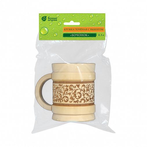 Кружка точеная с выжигом Банные штучки Бочонок, липа, 0,5 л фото