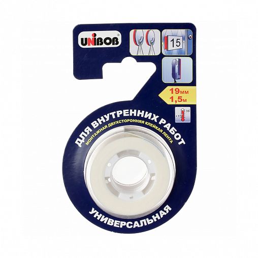 Скотч двусторонний вспененный для внутренних работ Unibob, 19 мм x 1,5 м фото