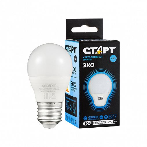 Лампа светодиодная LED Старт ECO Шар, E27, 10 Вт, 6500 K, холодный белый свет фото