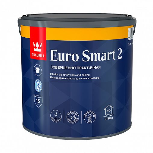 Краска моющаяся для стен и потолков Euro Smart-2 (Евро-2) TIKKURILA  2,7л белый (база А) фото