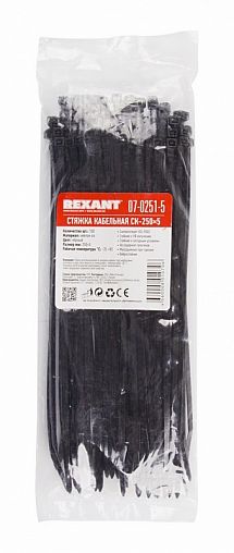 Хомут-стяжка Rexant, нейлон, 4,8 x 250 мм, 100 шт, черный фото