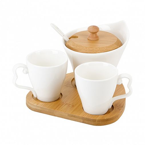 Набор на подставке Nouvelle Home Naturel, фарфоровый, сахарница с ложкой/2 кружки, 17,5 x 15 x 11 см фото