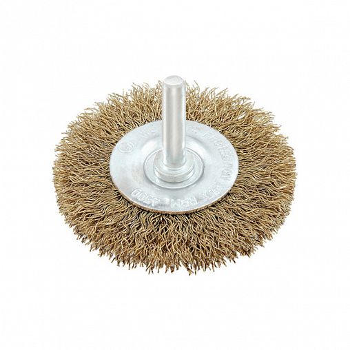 Щетка для дрели Beorol, плоская со шпилькой, 100 мм, латунированная гофрированная проволока фото