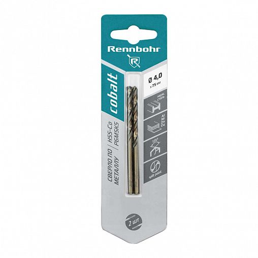 Сверло по металлу Rennbohr Cobalt, 4 x 75 мм, 2 шт фото