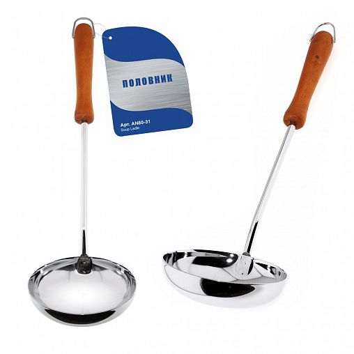 Половник Мультидом AN50-31, хромированный, ручка деревянная фото