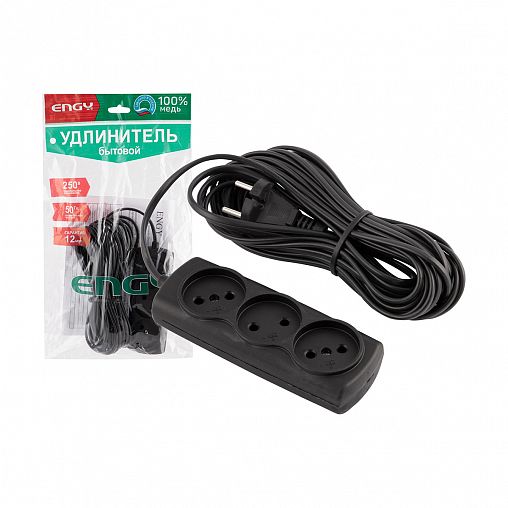 Удлинитель Engy Эконом, ШВВП 2 x 0,75 мм, 3 розетки, 10 м, черный фото