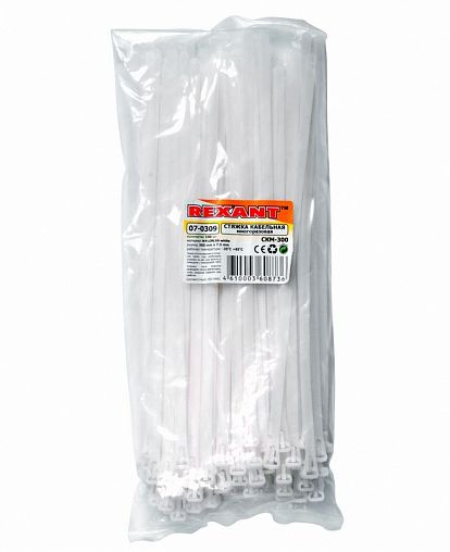 Хомут-стяжка Rexant, нейлон, многоразовый, 7,5 x 300 мм, 100 шт, белый фото
