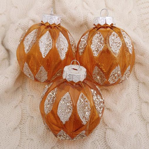 Набор елочных шаров Зимнее волшебство Блестящие капельки, d 8 см, 3 шт, оранжевый фото