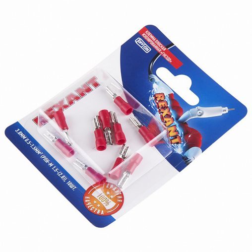 Клемма плоская изолированная Rexant, гнездо 3,8 мм, 0,5 - 1,5 мм², красная, 10 шт фото