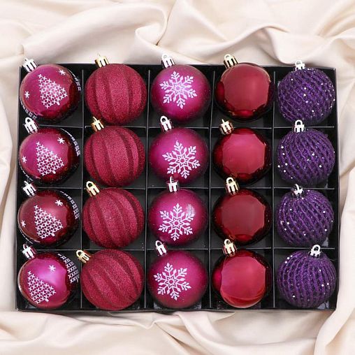 Набор елочных шаров Зимнее волшебство Лаурен снежинка, d 6 см, 20 шт, фиолетово-красный фото