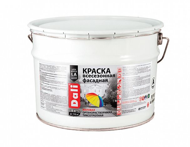 Краска фасадная всесезонная Dali, акриловая, глубокоматовая, база A, супербелая, 9 л фото