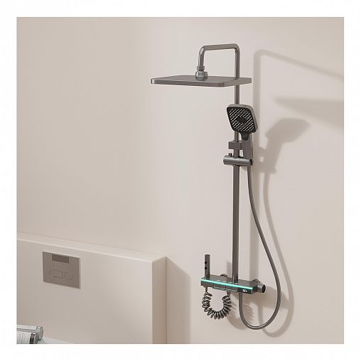 Душевая система с тропическим душем Профсан ПСМ-900-83GA, со смесителем и термостатом, графит фото