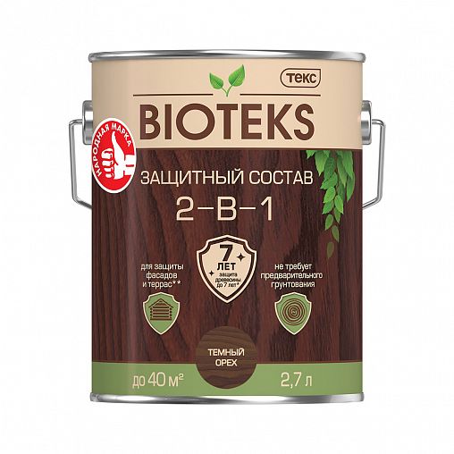 Защитный лессирующий состав для дерева Bioteks 2-в-1, 2,7 л, темный орех фото