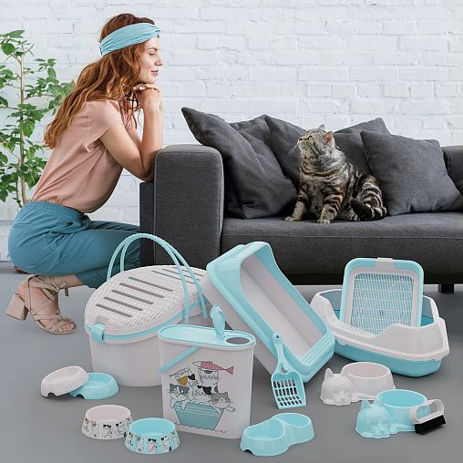 Миска для животных Альтернатива Мур-Мяу, двойная, 0,2 л, голубая фото