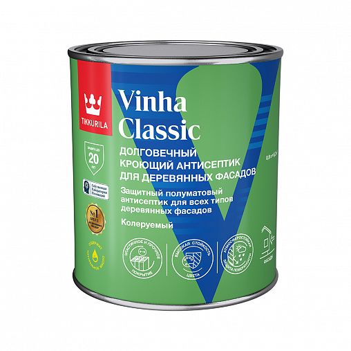 Антисептик для деревянных фасадов Tikkurila Vinha Classic, полуматовый, база С, бесцветный, 0,9 л фото