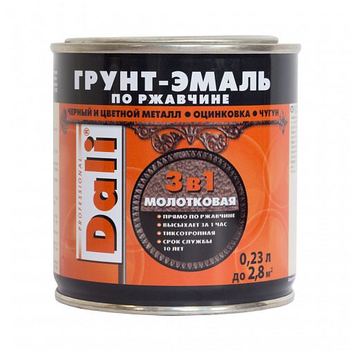 Грунт-эмаль по ржавчине Dali 3 в 1, молотковая, 0,23 л, черная фото