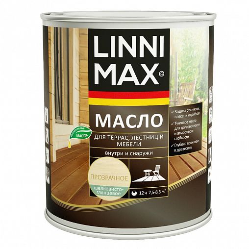 Масло для террас, лестниц, мебели Linnimax, шелковисто-глянцевое, 0,75 л, бесцветное фото