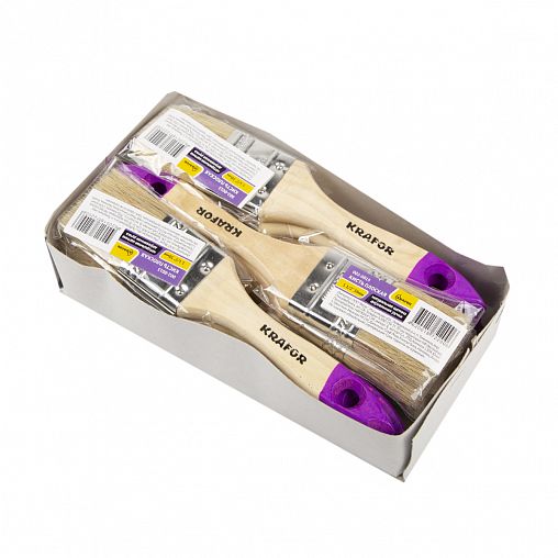 Кисть плоская Krafor №1,5, натуральная щетина, деревянная ручка, 38 мм фото