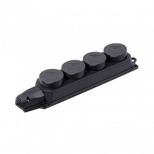 Колодка розеточная IEK Омега, 4 гнезда, с крышками, с заземлением, 16 А, IP44, черная фото